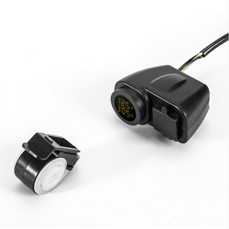 Motorcycle 12V 2Usb 2.1A+2.1A Charger W/Yellow Led Digital Voltmeter Thermometer
