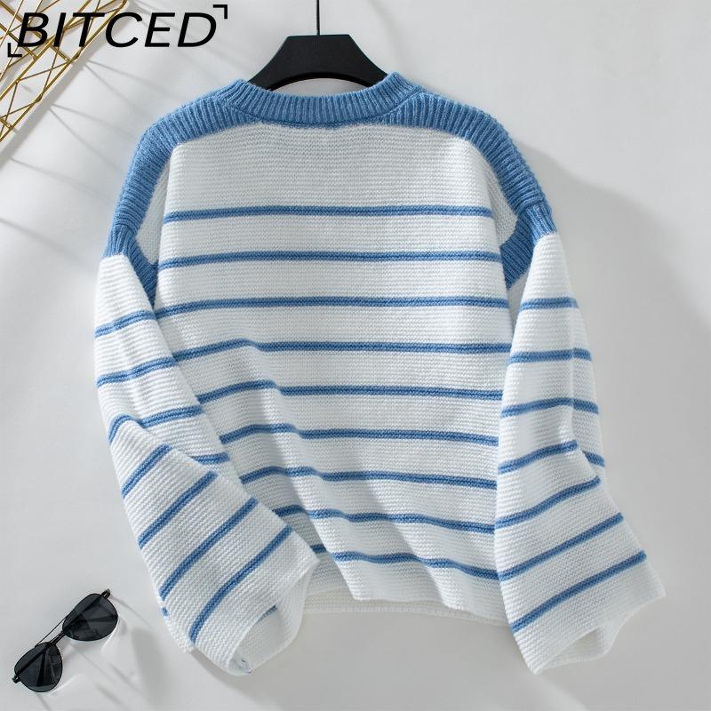 BITCED Autumn/Winter Women's O-Neck Loose-Fit Black-and-White Striped Pullover Long-Sleeved Knitted Sweater
