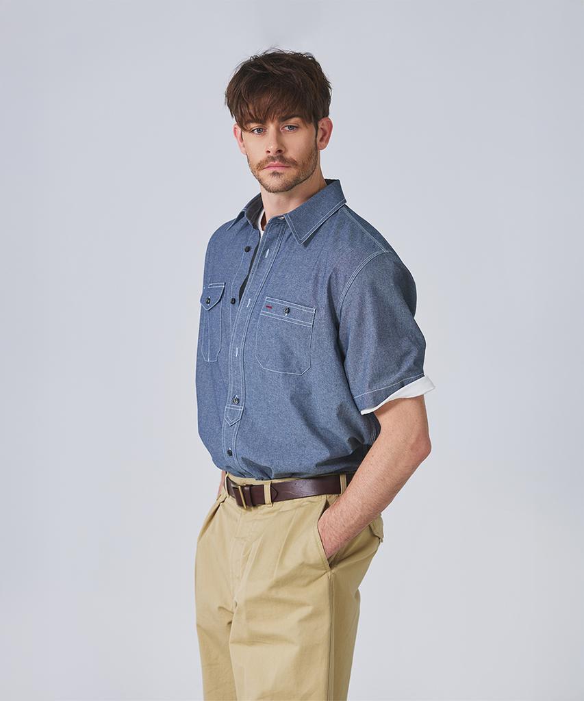 Geonjiulleunseu Chambray Work Short Sleeve Shirt - Deep Blue