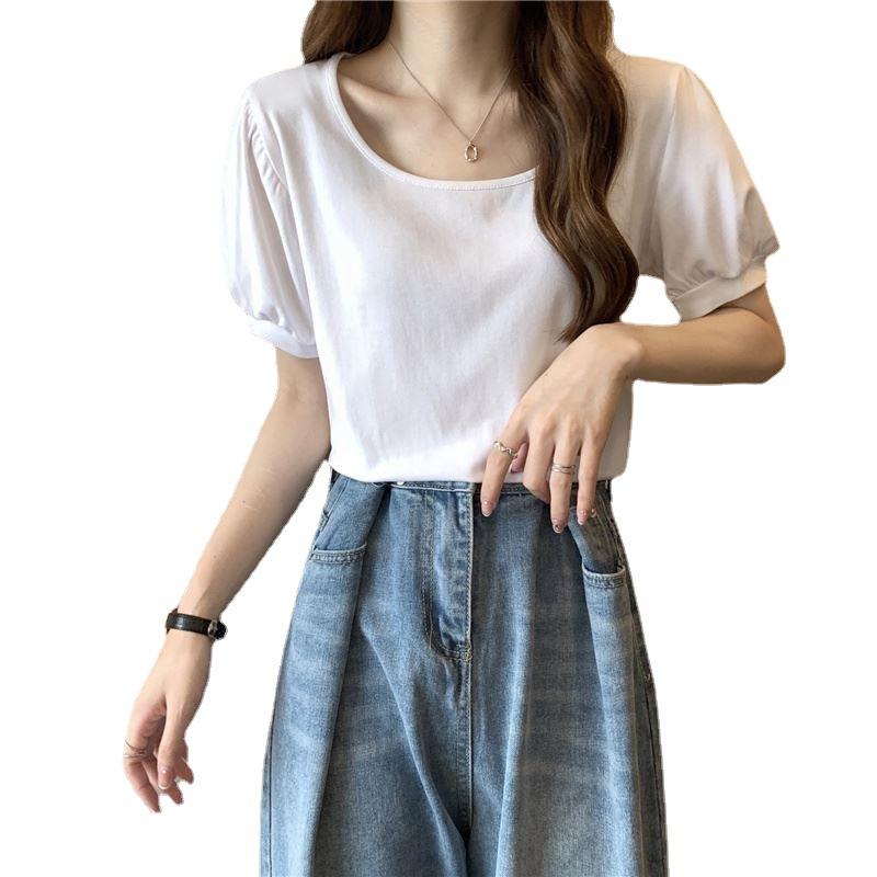 Puff Sleeve T-shirt for Women In Summer New French Design Low Round Neck Slim Fit Short Sleeve Student Top
