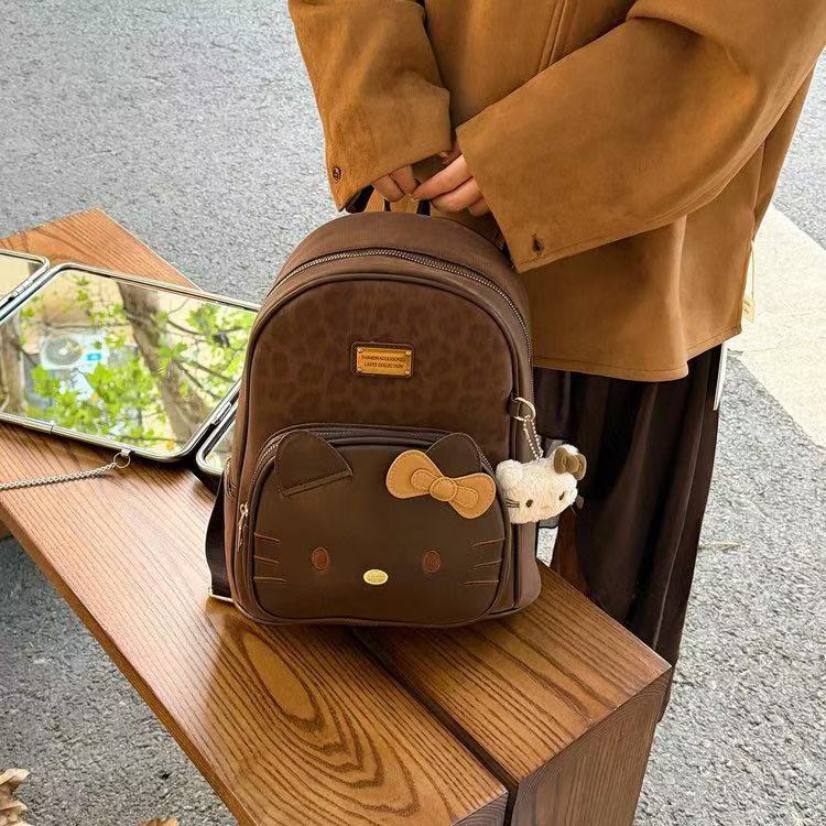 Vintage Leopard Print Hello Kitty Backpack for Women, PU Student School Bag, Cute Cartoon Shoulder Handbag, Large Capacity Fashion Backpack