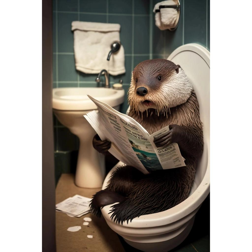 Funny Bathroom Humorous Animal Wall Canvas Paintings Decor Bear Dog Tiger Sitting On Toilet Reading Newspaper Poster Art Print