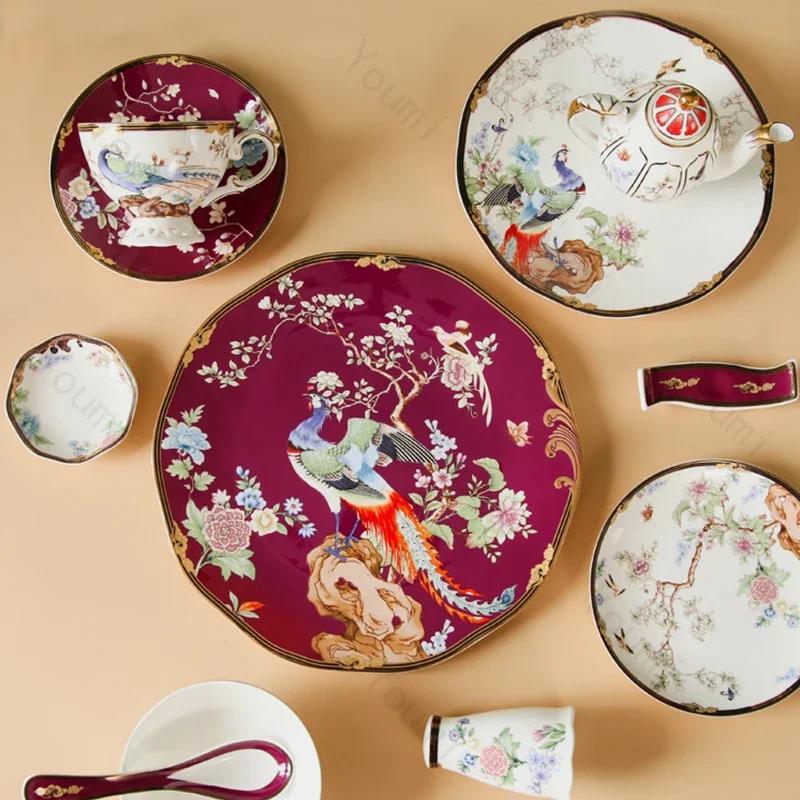 Light Luxury Ceramic Plate White Bird Blessing Style Western Dining Plate High End Tableware Set Salad Dishes Serving Tray