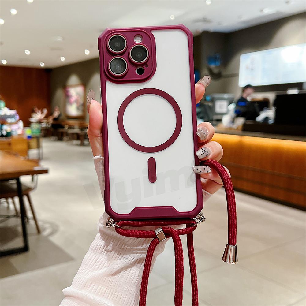 Carcasă de telefon transparentă magnetică cu curea pentru iPhone 15 14 13 12 11 Pro Max Plus pentru Magsafe Crossbody Lanyard Hard Acrylic Cover