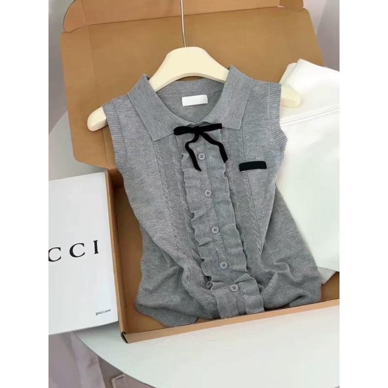 

Fungus edge bow knitted vest slim and slim lapel sleeveless top One Size