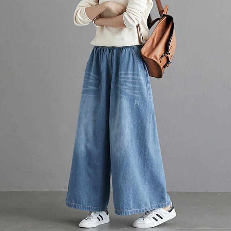 GMXIA Loose and Tight Waist Denim Wide-leg Pants for Women, Spring Loose High-waisted Large-leg Pants, Straight and Large-sized, with A Good Drape