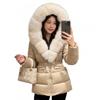 Womens Mid-Length Hooded Puffer Coat With Faux Fur Collar Slim Fit Winter Outerwear In Beige Black Coffee