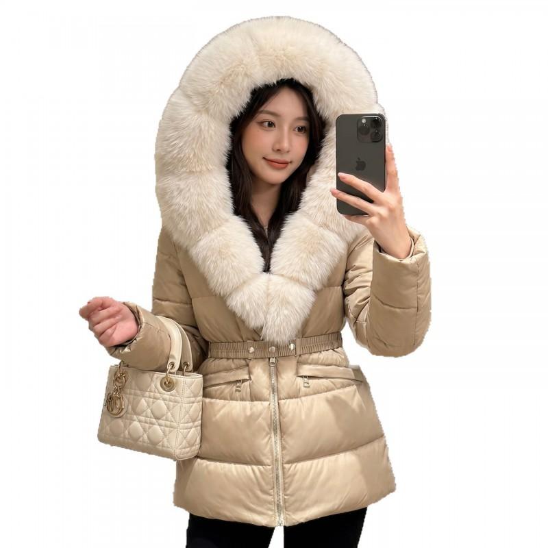 Womens Mid-Length Hooded Puffer Coat With Faux Fur Collar Slim Fit Winter Outerwear In Beige Black Coffee