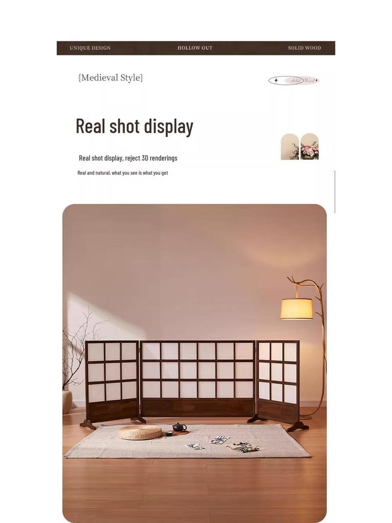 Retro Solid Wood Folding Screen Divider for Living Room and Bedroom