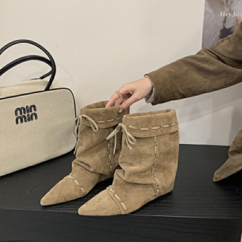 Short Boots Autumn and Winter Boots Fashion Inner Height Increase Pointed Head Wide Tube Slimming and Ankle Boots Sewing Line Pant Tube Boots