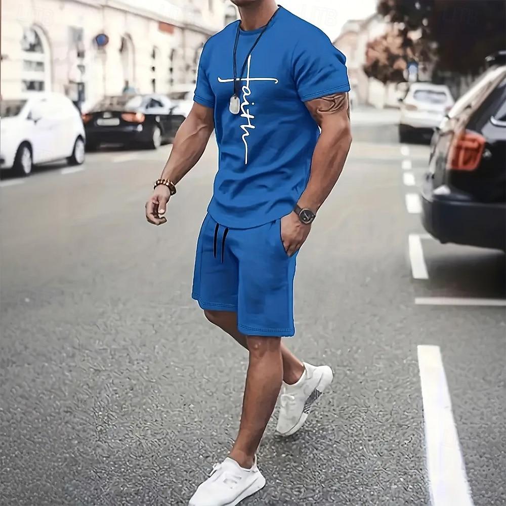 Men's Graphic 2pcs Tees sets Summer Tops Short Sleeve Short Pants Crew Neck Sport Casual Casual Going out Streetwear 3D Print Summer Grey Black Red