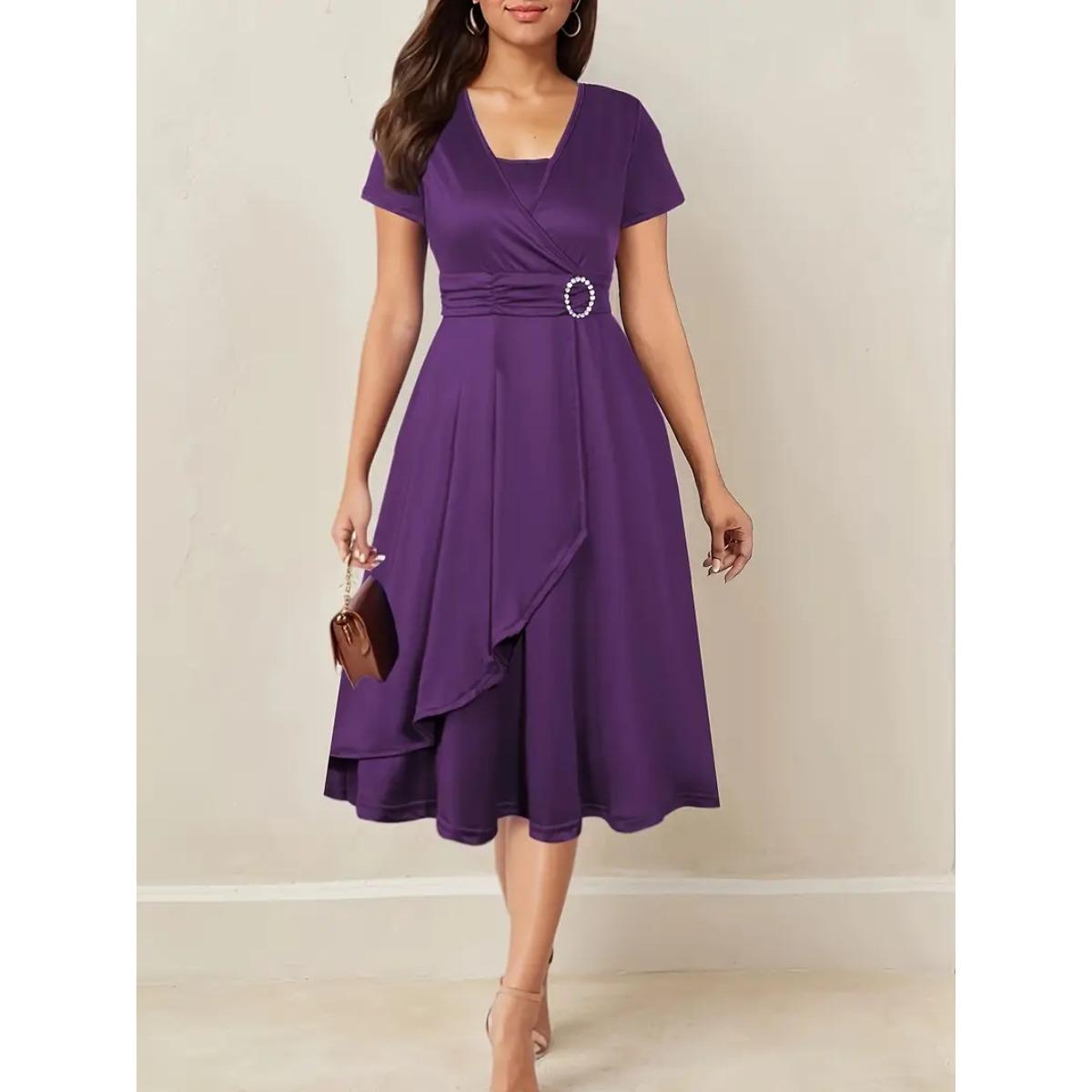 Damen V-Ausschnitt Kurzarm Midi Kleid Locker Mittlere Taille Elegant Wickel Milchseide Büro Partykleid S violett