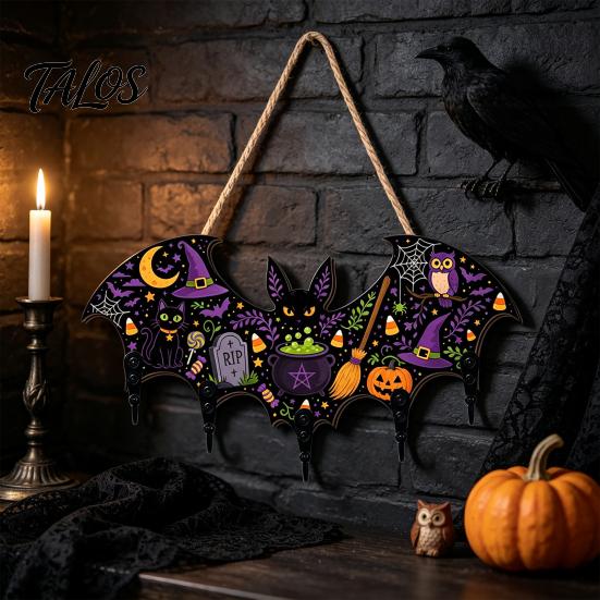 Rustic Halloween Decorations Bat Shaped Wooden Key Hook, 2D Wall Mounted Hanging Decor with Entryway Organizer Hooks Pumpkin Ghost Witch Pattern,