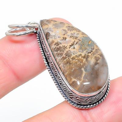 Natural Fossil Coral Gemstone Handmade 925 Sterling Silver Pendant 2.01" N3o90
