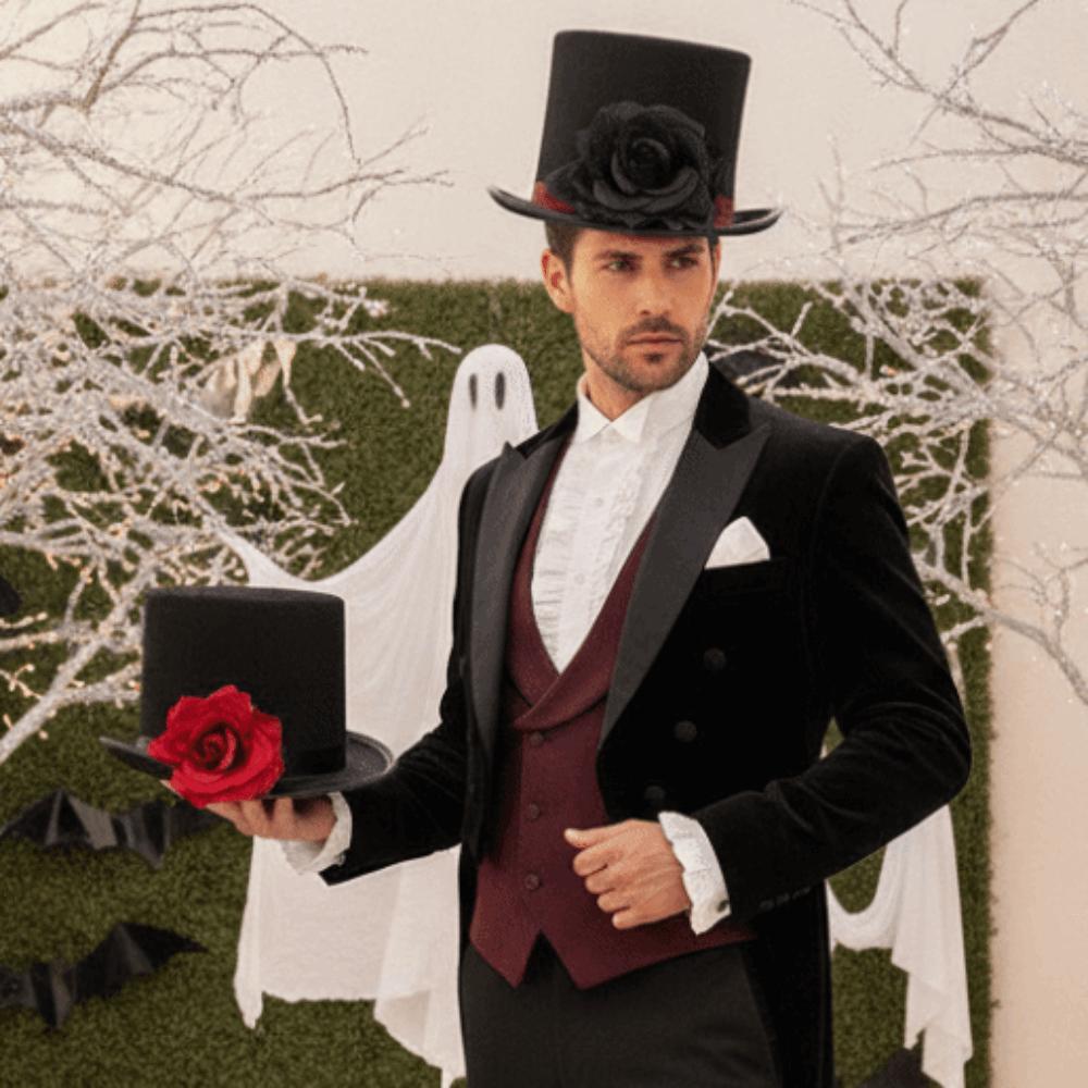 Classic Black Rose Gentleman Cap Vibrant Red Magician Fedora Headwear Drama Actors