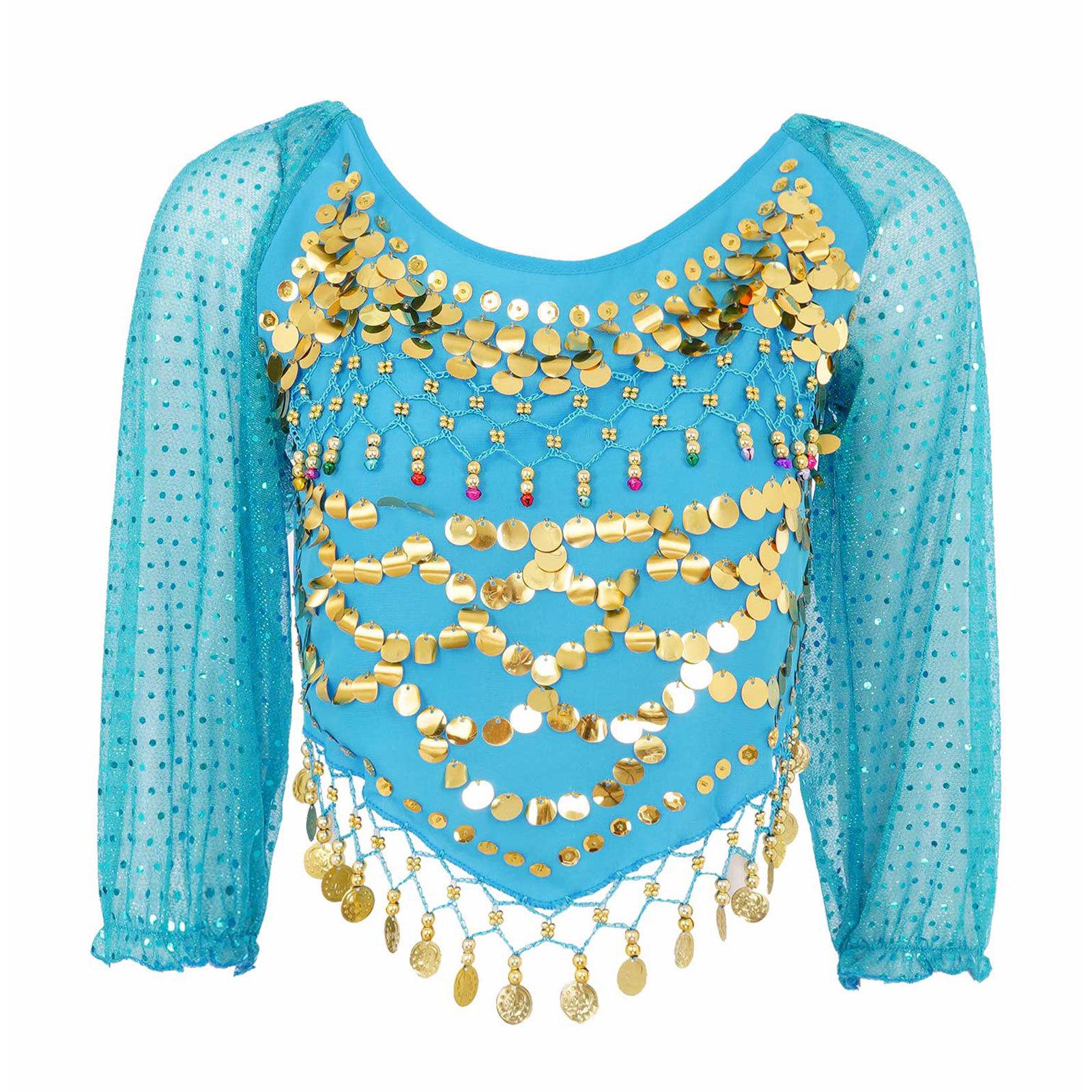 

Жіночий топ для танцю живота з паєтками, з довгим рукавом, шифоновий, з зав язками на спині, кроп-топ для карнавалу One Size небо синє кольору