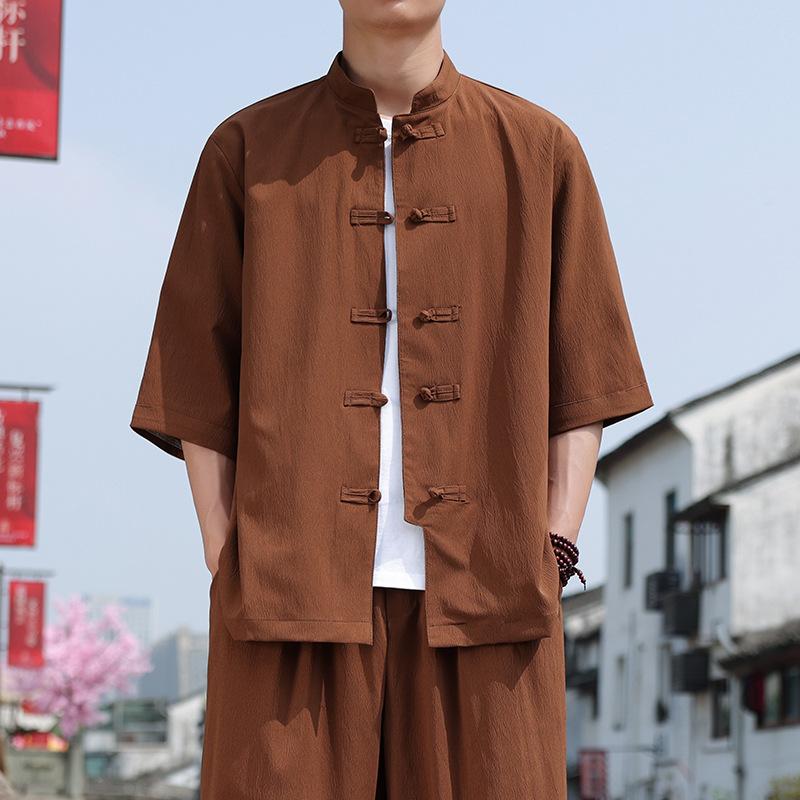 

Летняя рубашка в китайском стиле с диском на пуговицах и рукавом три четверти, мужская повседневная рубашка с воротником-стойкой, однотонная рубашка больших размеров XXXL кофейный