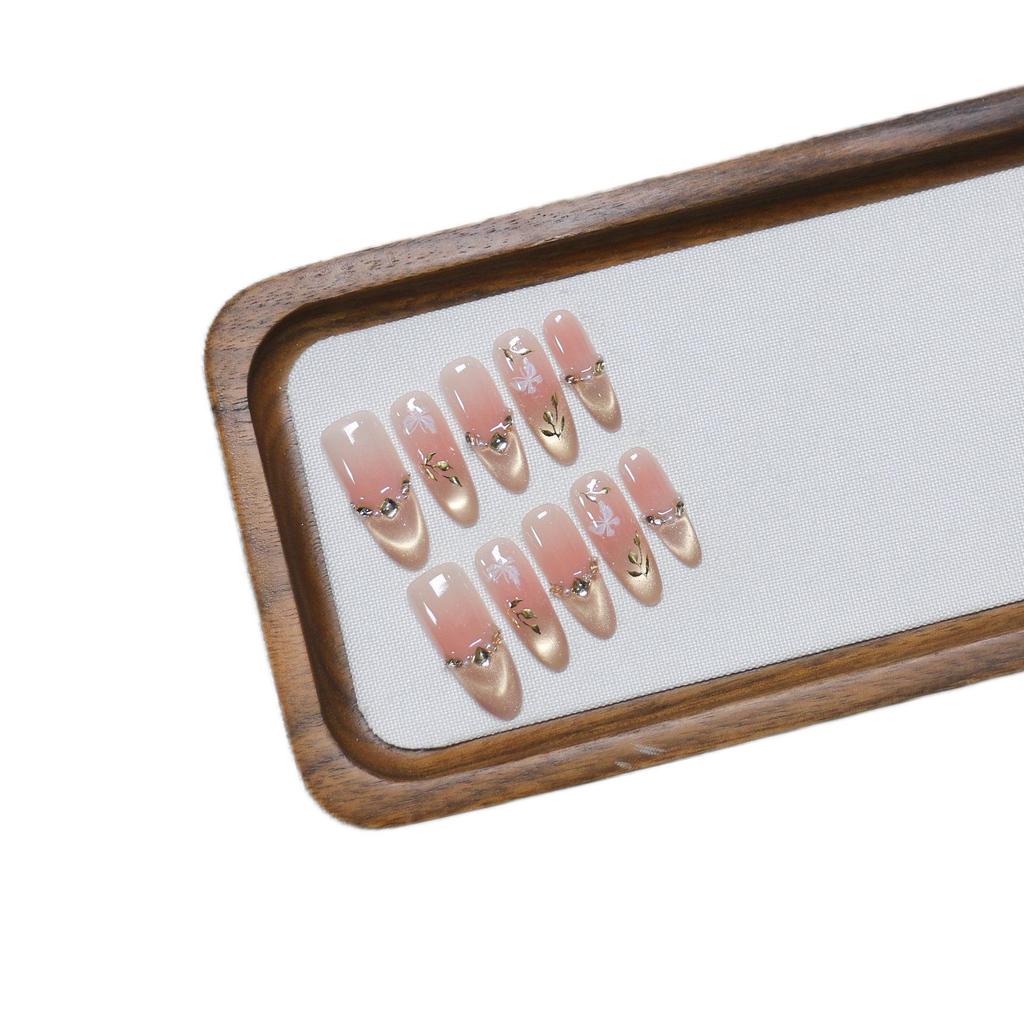 Golden Wind Jade Dew Handmade Autumn/Winter Cat Eye Nail Stickers - Elegant French Style False Nails