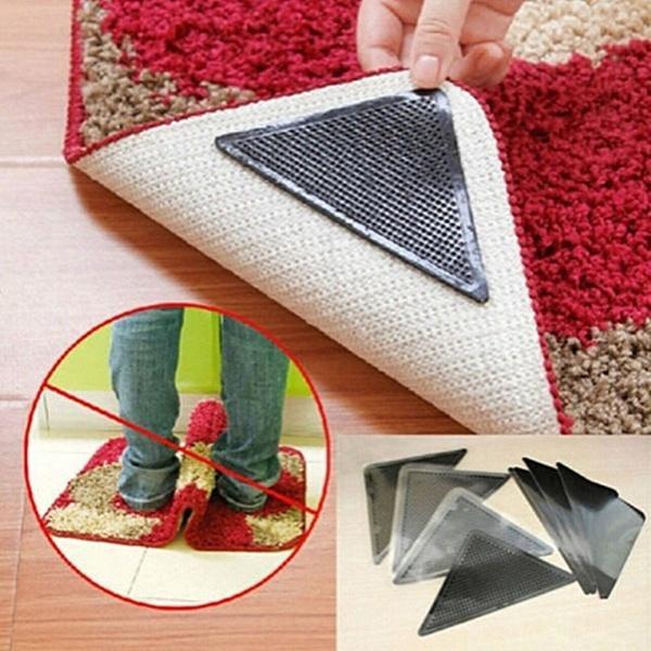 4PCS/Set Silicone Ruggies Rug Carpet Mat Grippers Non Slip Grip Corners Pad For Home Bath Living Room (Color: Black)