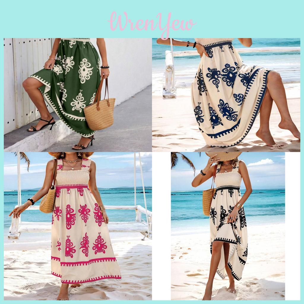 Womens Floral Print Cotton Polyester Sleeveless Maxi Dress For Beach Vacation Wear