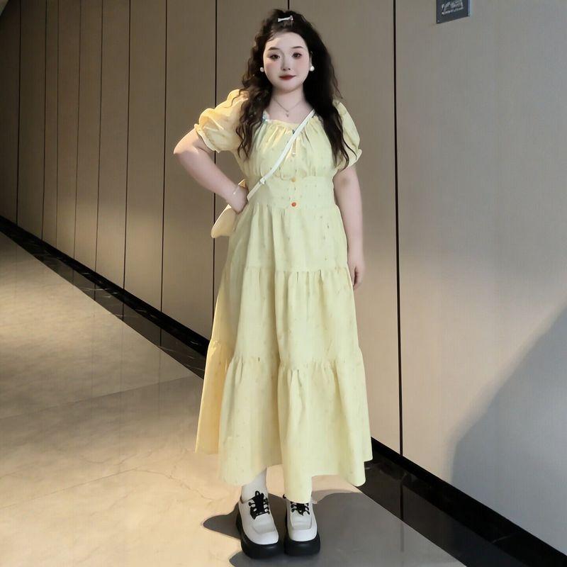 

Plus-Size Women s Clothing for Chubby Girls, Sweet Style Square-Neck Polka Dot Puff Sleeve Dress, 2026 Summer Slimming and Elegant Long Dress Yellow Long M