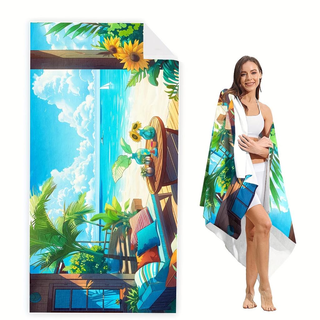 Adorable Tropical Villa Beach Towel, Ocean Scene Art, Soft Microfiber Towel, Perfect Vacation Gift