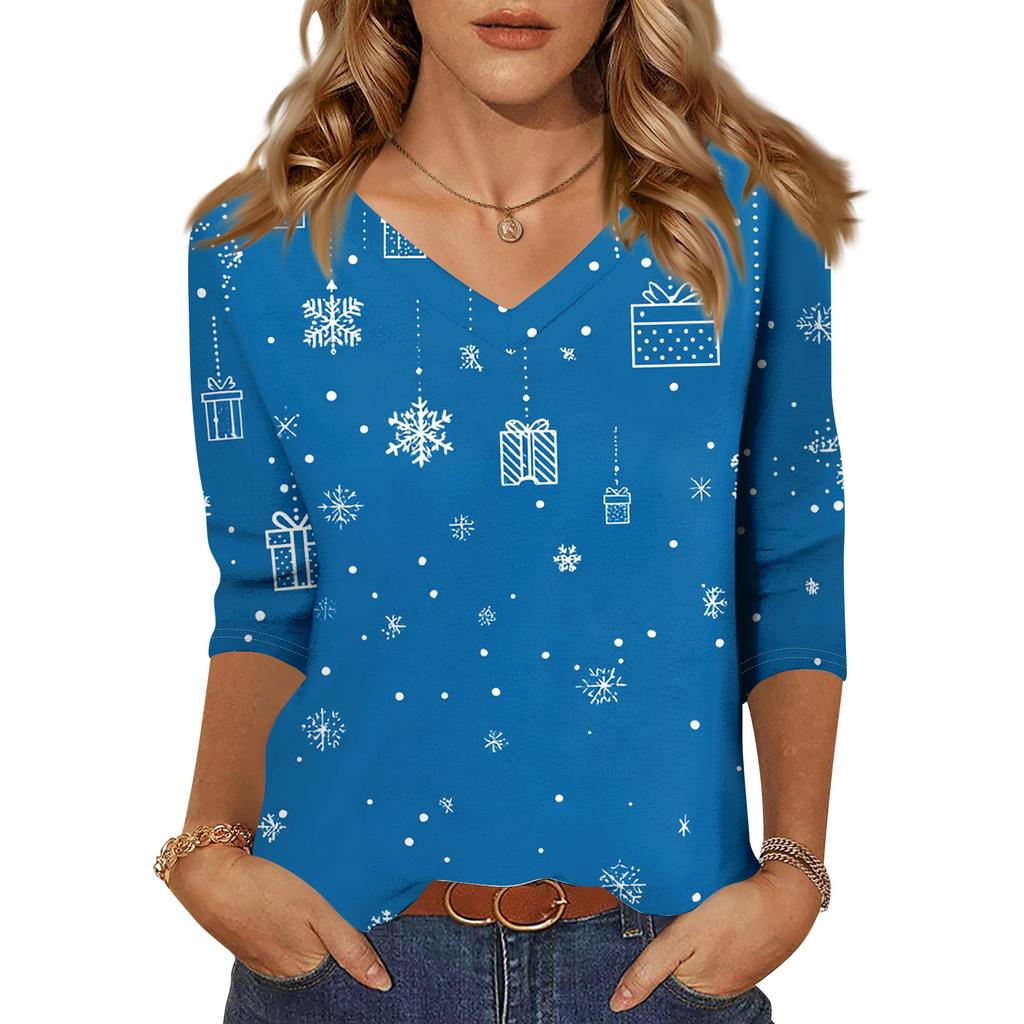 Women's T Shirt CHristmas Print 3/4 Sleeve Daily Weekend Fashion Basic V- Neck Regular Top