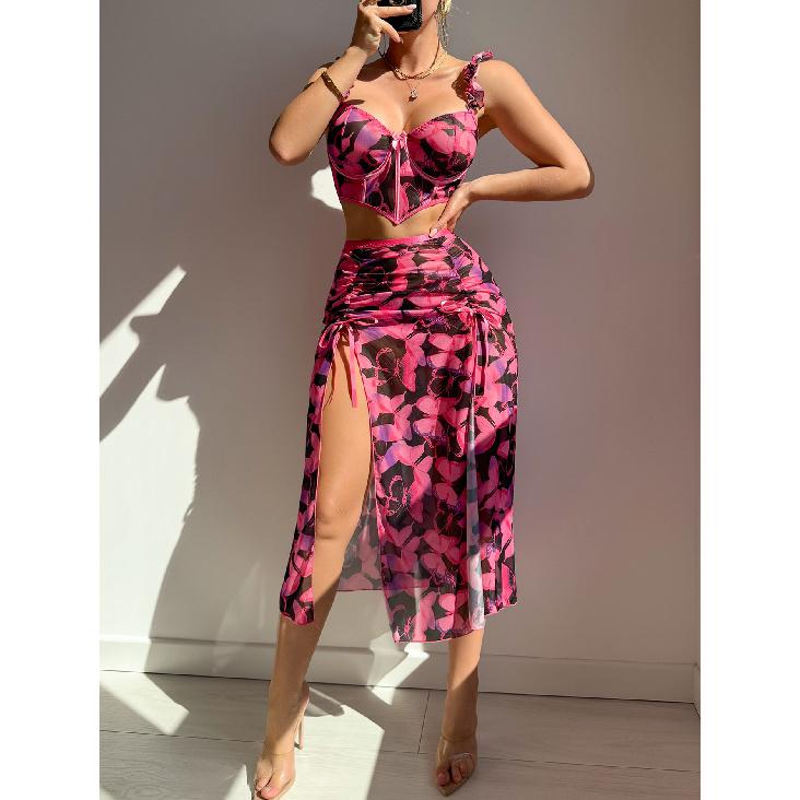 Women Sexy Exotic Sets Sheer Mesh Lingerie Set See Through Ruffle Strap Corset Crop Top Drawstring Split Midi Skirt Nightwear