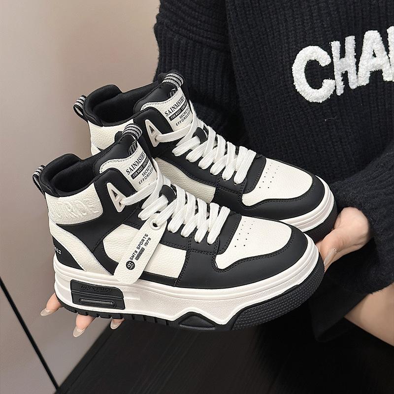 High-top women's leather platform casual board shoes autumn and winter new velvet thermal sneakers