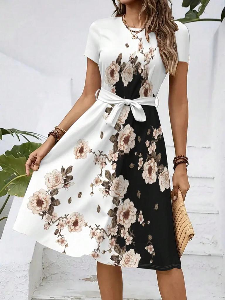 2026 Women's Casual Printed Belted Dress, European & American Summer Bestseller