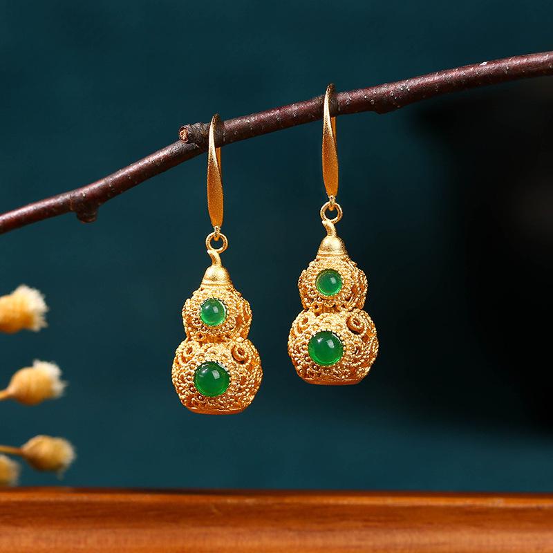 24K Gold-Plated Dynasty Style Gourd Chalcedony Earrings: Retro Design with Fortune Symbolism Gold-Plated