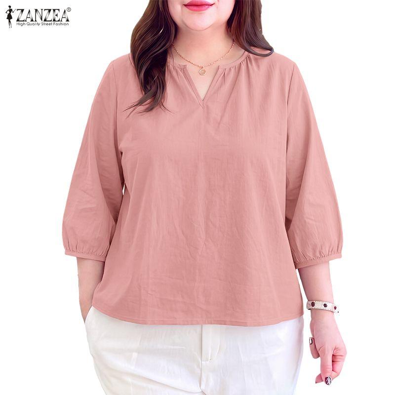 ZANZEA Women Casual V-Neck Solid Color 3/4 Sleeve Loose Blouse