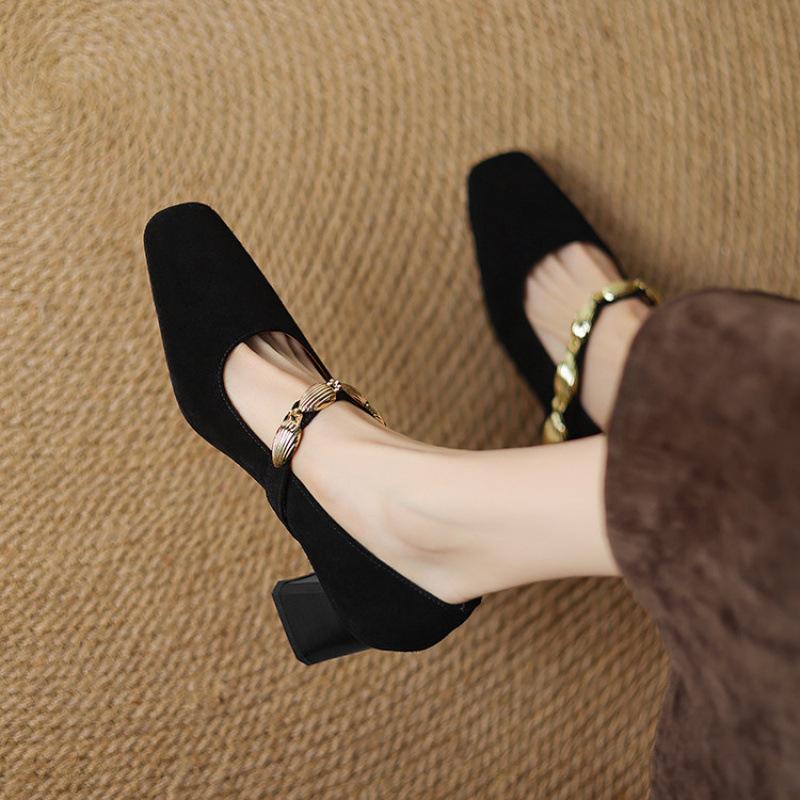 New Four-season Wear High-heeled Small Leather Shoes Comfortable Leather Large-size Single Shoes Women's Square Head Beef Tendon Sole Suede Cowh