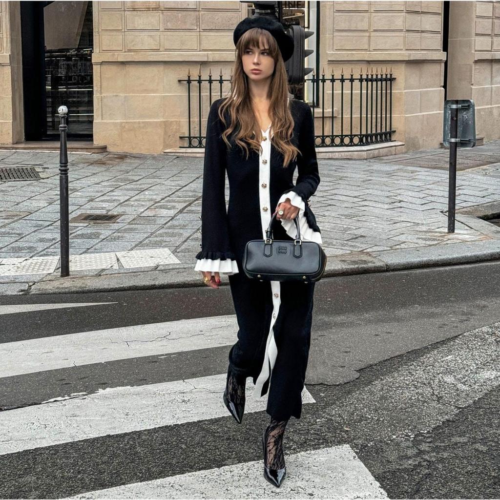 Autumn and Winter Flared Sleeve V-neck Knitted Dress Fashionable Splicing Contrasting Buttons Long Tight Skirt Sweater Skirt