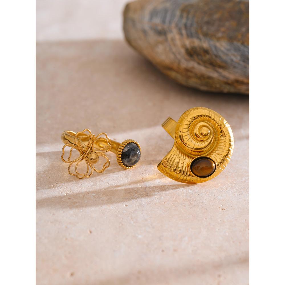 Eetit Natürlicher Spektrolith Tigerstein Muschelblume Offener Verstellbarer Ring Edelstahl Golden Neuankömmlinge Schmuck Geschenk