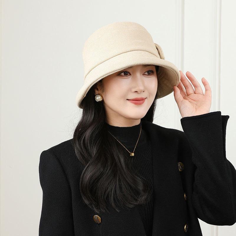 New Women's Woolen Basin Hat Elegant Bow Fisherman Hat Autumn and Winter Thermal Hat