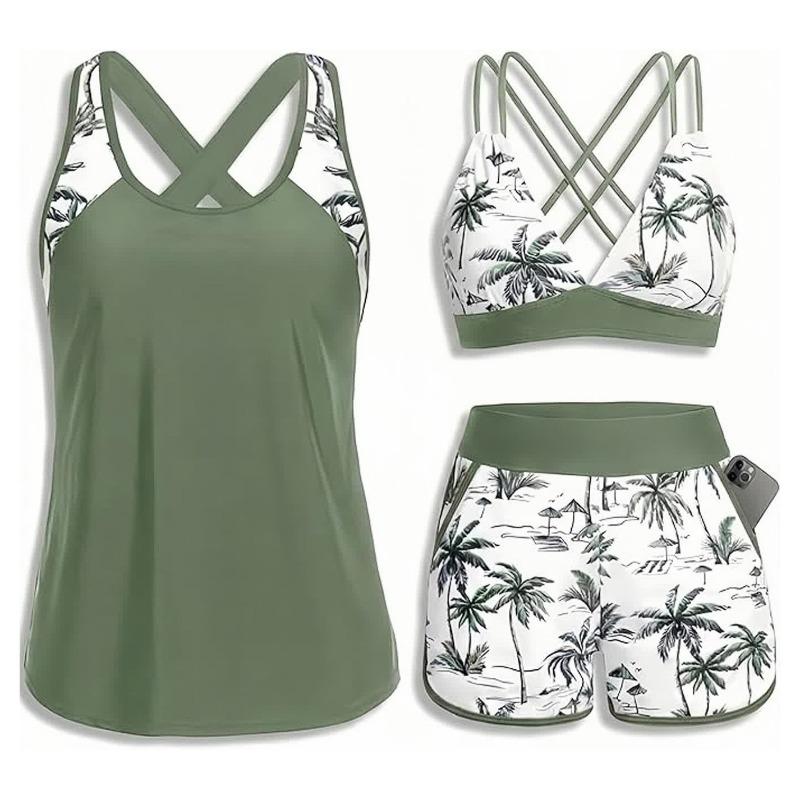 Costume da Bagno Intero a Tre Pezzi da Donna con Tasche Design Incrociato Bellissimo Dorso Bikini Boxer Costume da Bagno Sportivo