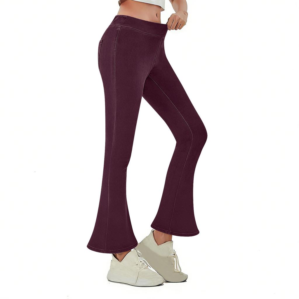 Women's Fashionable  Color Elastic Waist High Waist Pocket Casual Sports Bell Bottom Pants