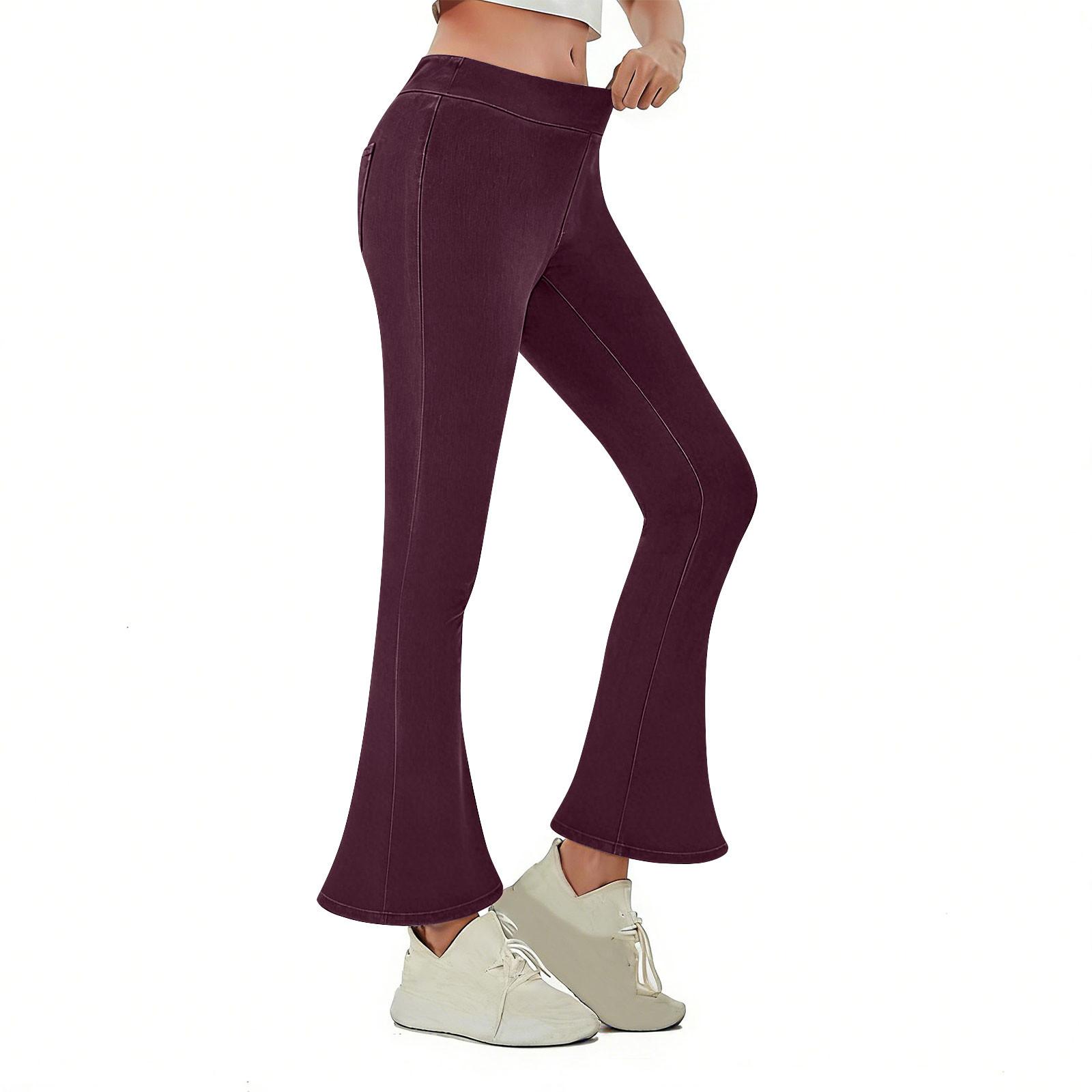 

Women s Fashionable Color Elastic Waist High Waist Pocket Casual Sports Bell Bottom Pants M фиолетовый