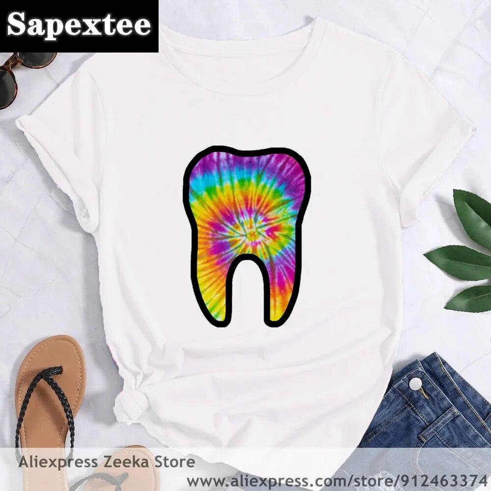 Zahn und Zahnarzt Grafik Ästhetik Frauen Lustige Print Damen T-shirt Mädchen Y2K Harajuku Basis O-kragen Weißes Hemd Kurze