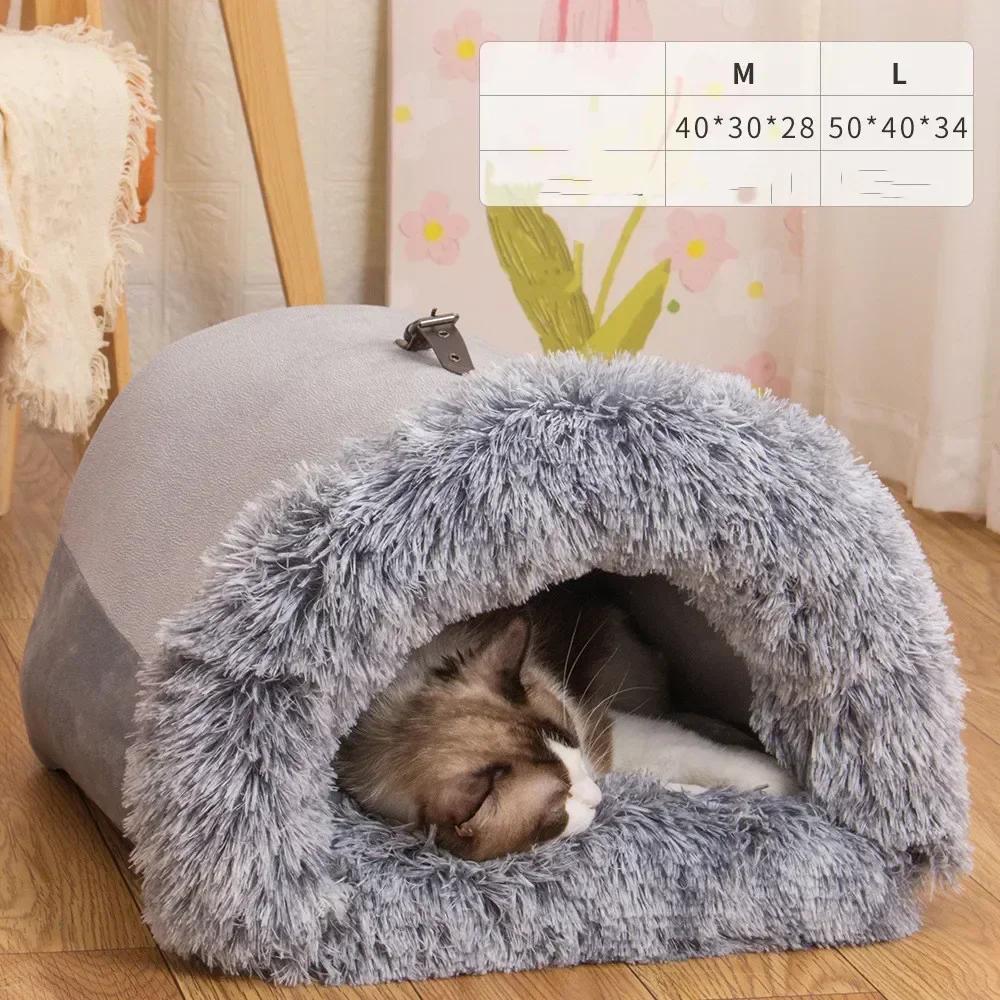 Winter Plush Cat Bed Large Size Dog Kennel Warm Cat House Villa Comfort Kitten Nest Closed Cats Home Puppy Sleep Mat