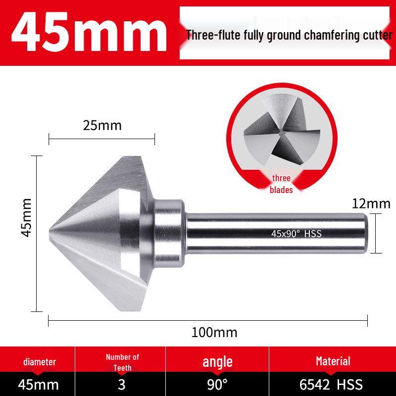 Straight Shank Single-Edge 3-Flute 45° Chamfering & Deburring Countersink Drill Bit, 90° Inner Hole Trimmer