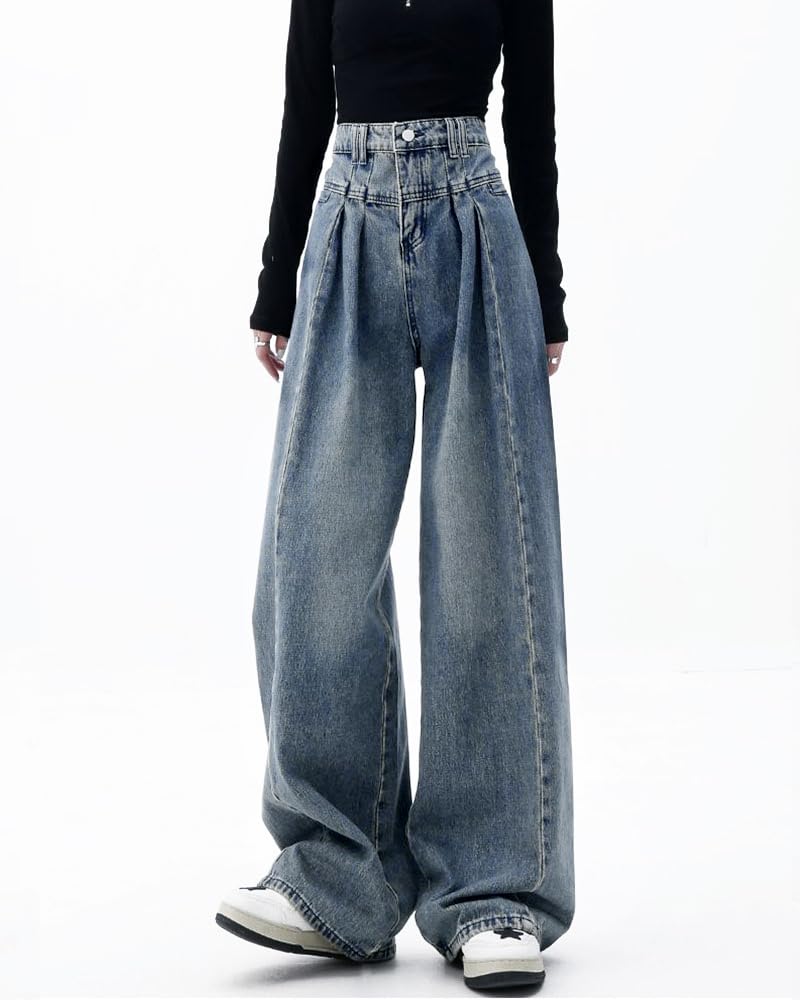 MTUIOY Denim Gaucho Locker Hohe Entspannte Weite Hosen, Damen Jeans, Hosen, Passform, Taille, Einfach, Figurschmeichelnd, Lässig, Stilvoll, Beinverlängernd,