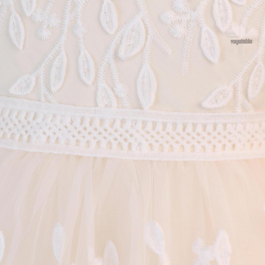 Mid-Length Girls' White Princess Dress with Puff Sleeves for Summer