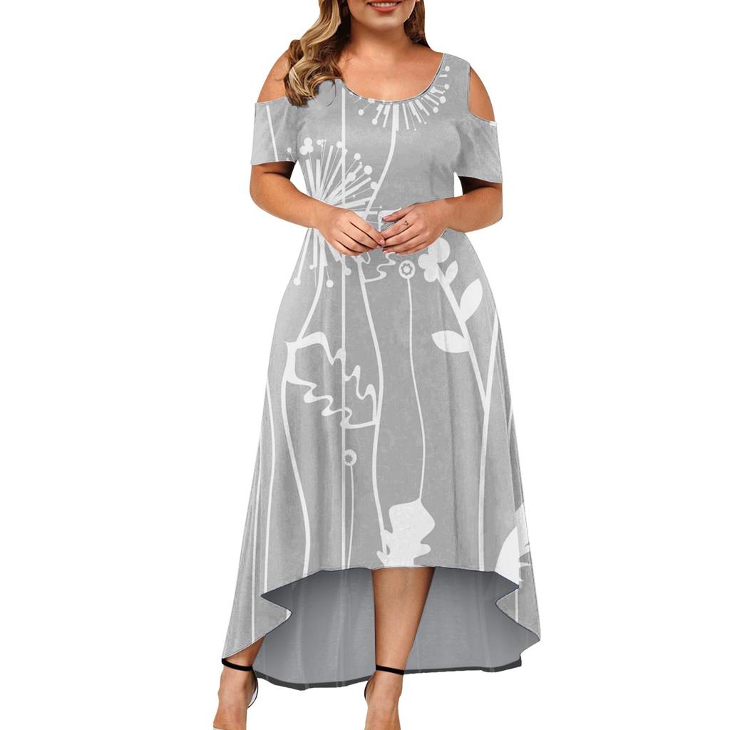 Women's Large Size Short Sleeve Fashion Print Round Neck Strapless Irregular Hem Dress