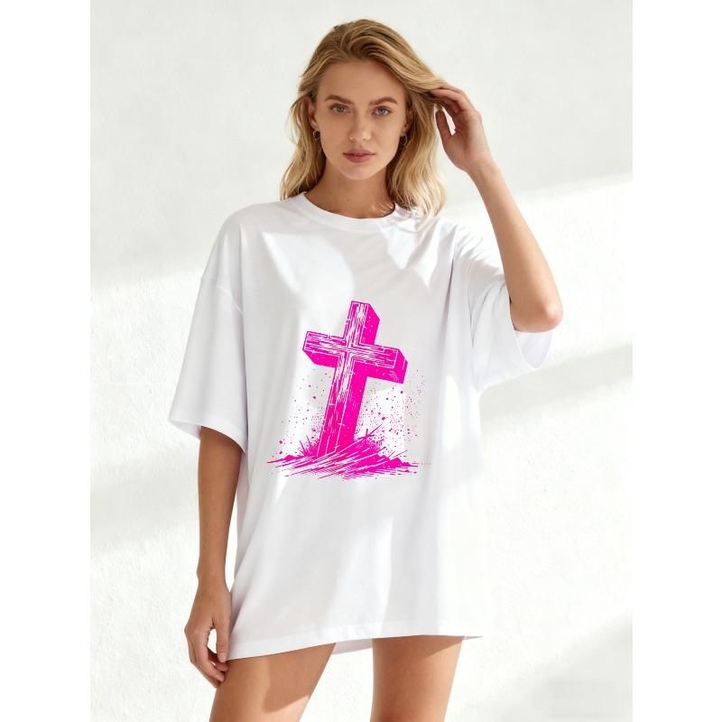 Black Oversized T Shirt With Pink Cross Print For Casual Wear