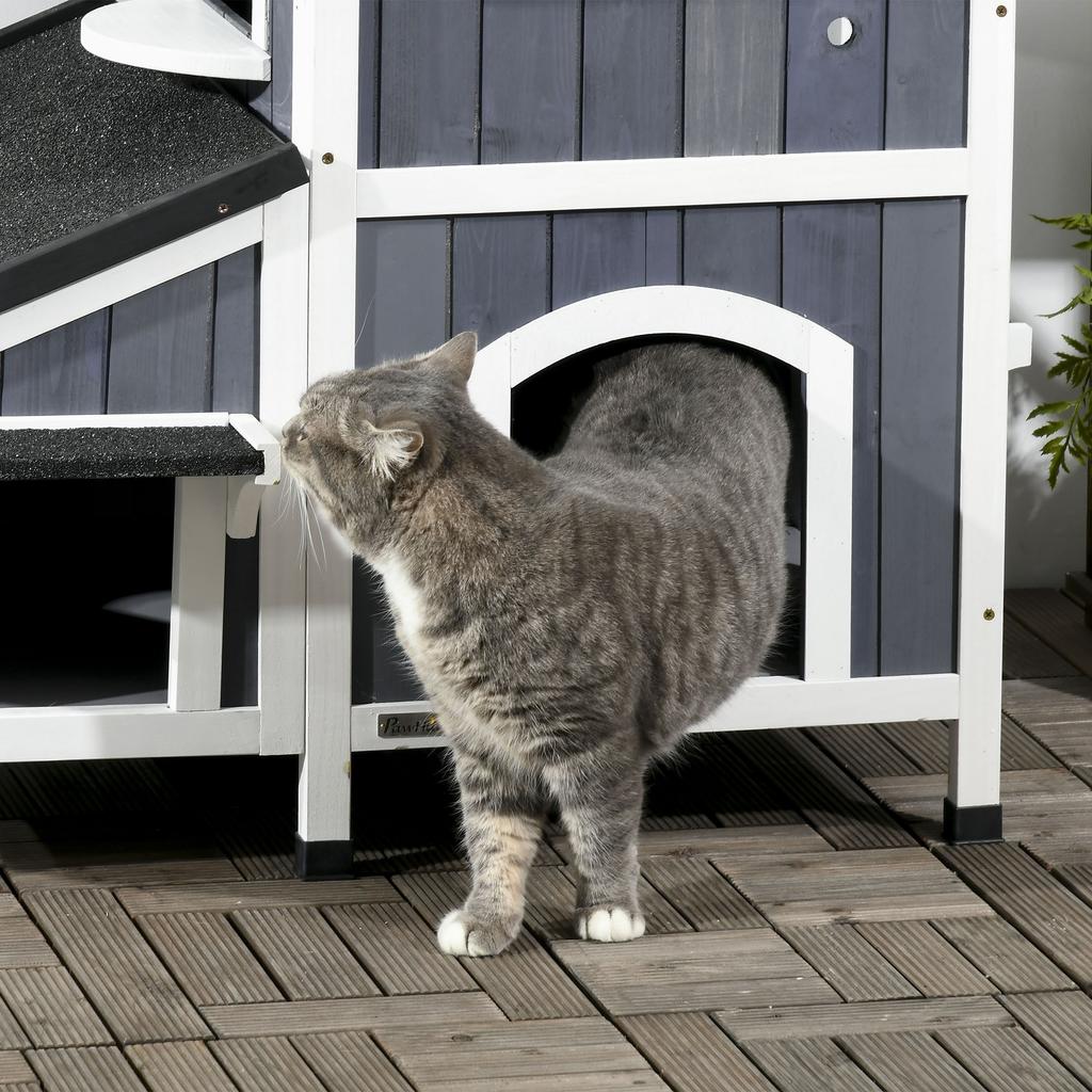Wooden Cat House with Flower Pot, Windows, Multiple Entrances, Water-Resistant Roof for Outdoor - Grey