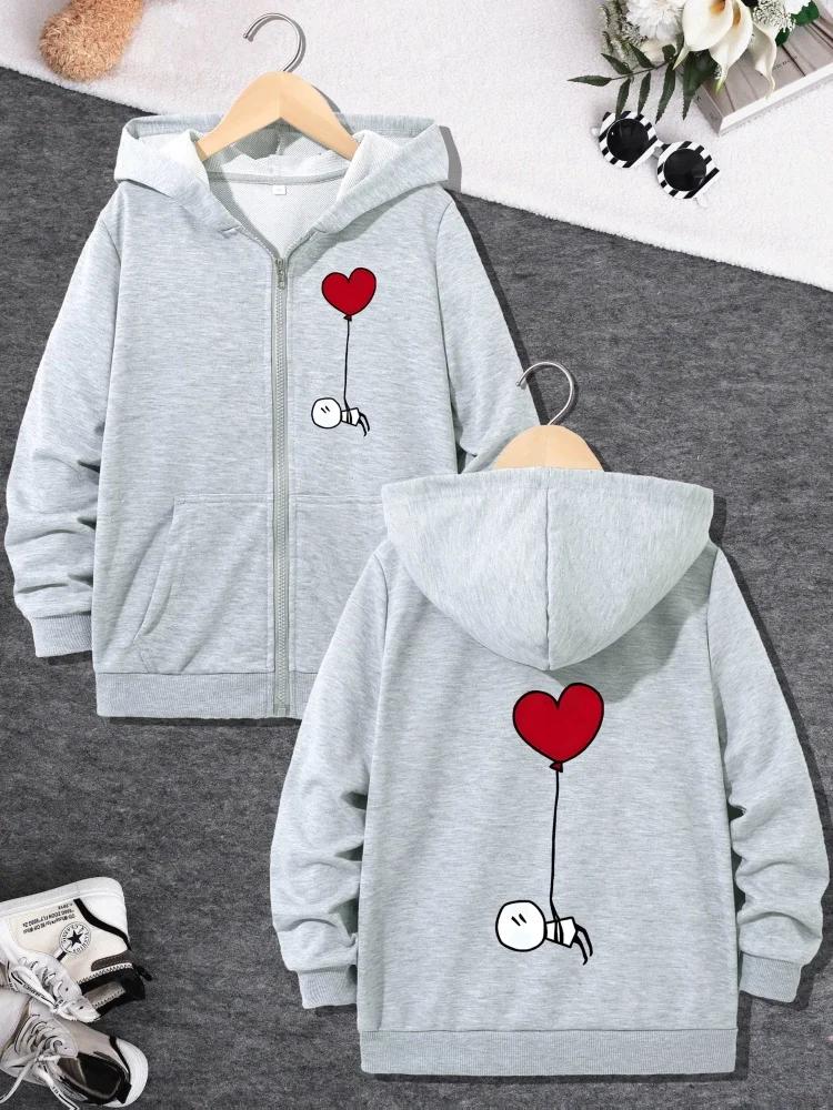 Childrens Zip Hooded Jacket Minimal Cartoon Heart Balloon Character Graphic Front And Back Print Long Sleeve Casual Sweet Coat