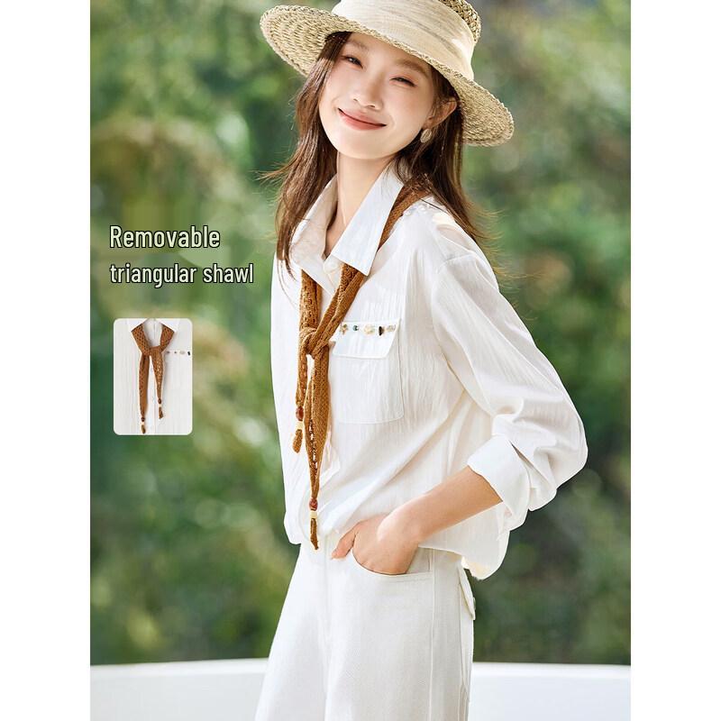 Women s Beaded Contrast Shawl Collar Cotton-Feel Blouse 2XL