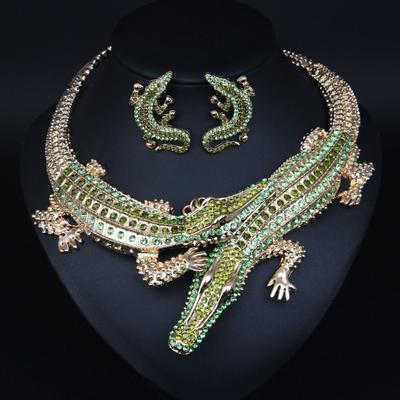 Vintage Übertriebene Krokodil Halskette Ohrringe Set mit Diamant Personalisierter Kragen Damen Accessoires